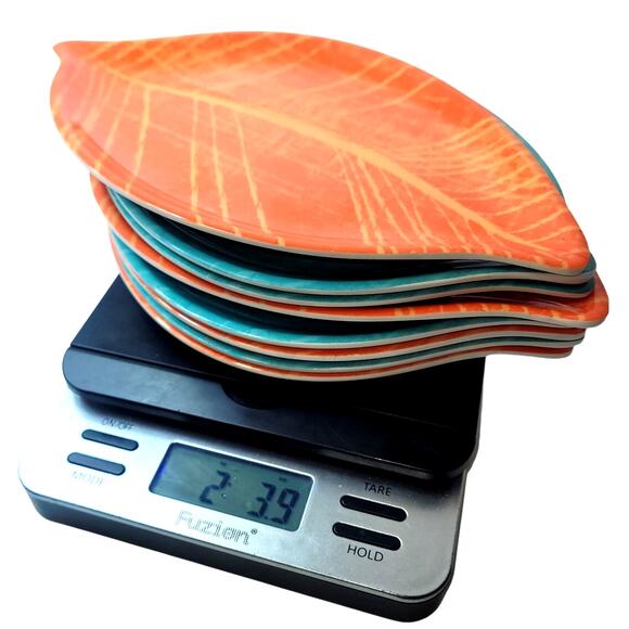 8 Orange & Turquoise Precidio Melamine Leaf 10" X 6" Salad/Dessert Plates - Picture 3 of 7